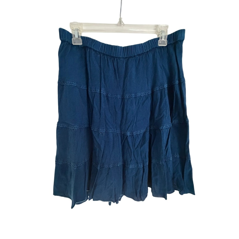 Studio West Teal Blue Tiered Rayon Mini Skirt Crochet Trim Elastic Waist Large